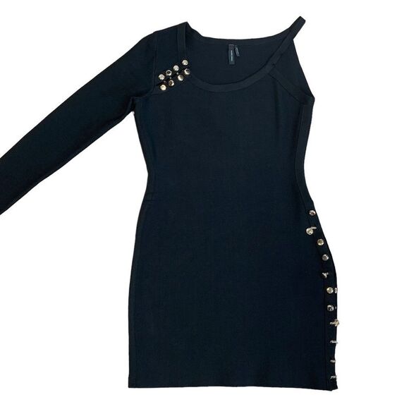 MARCIANO black one shoulder gold button bodycon bandage mini dress Sz L NWOT - Picture 1 of 11